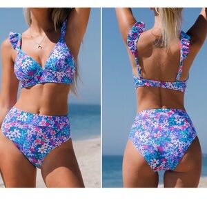 CUPSHE Floral Ruffled Bralette & High Waist‎ Bikini Set Adjustable Closure